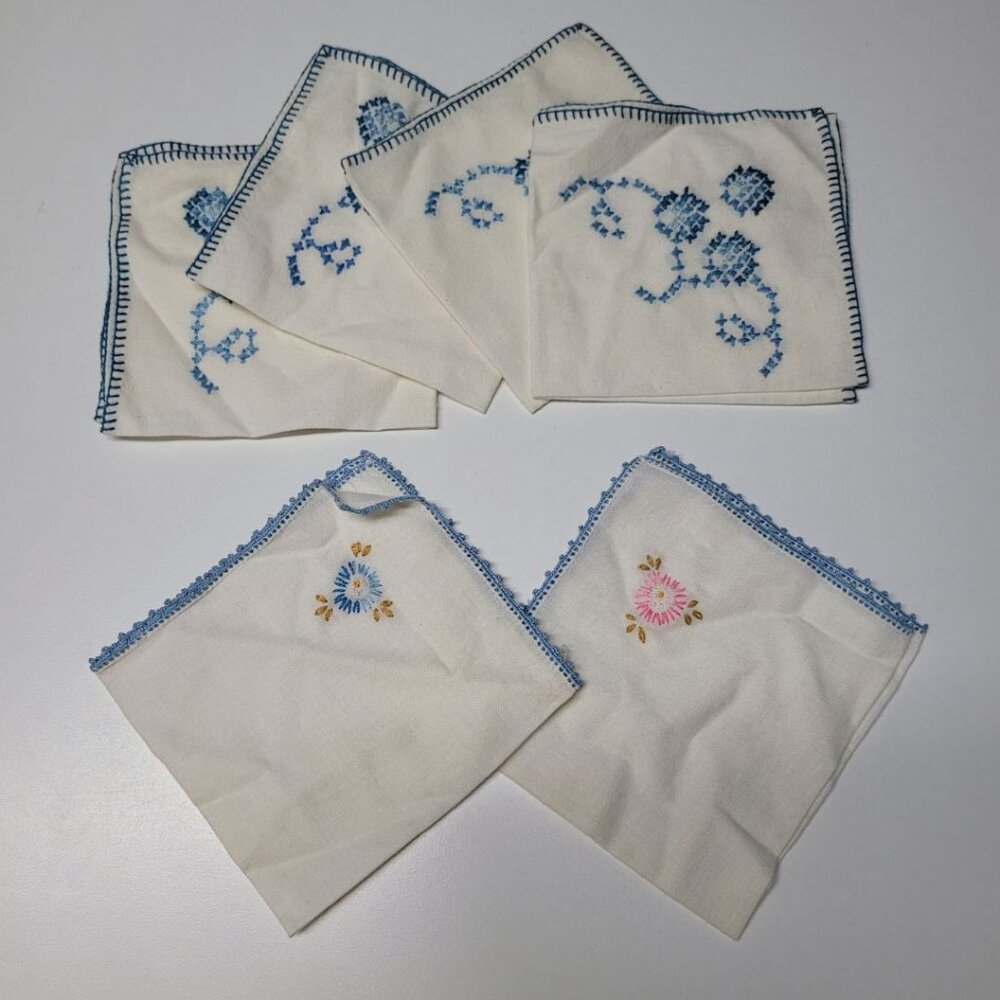 Embroidered Napkin Vintage Linen Handmade Flowers Stitched Blue 10 Inch Blue
